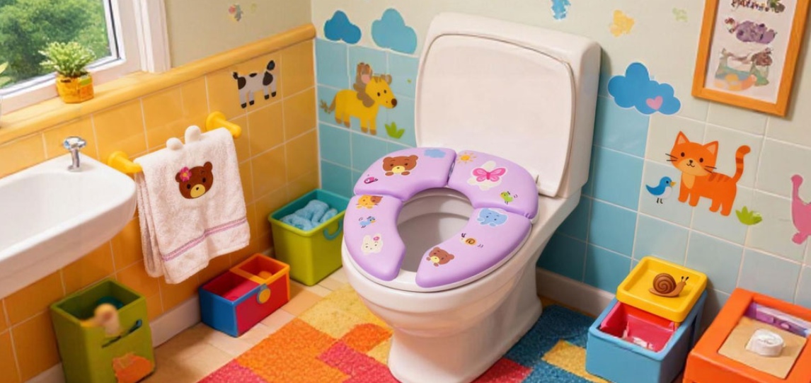 Foldable purple toddler potty training seat with cartoon animal prints on home toilet