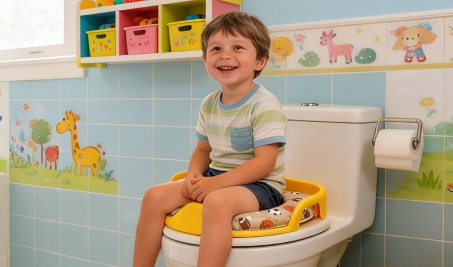 Little boy sitting on padded toddler toilet seat