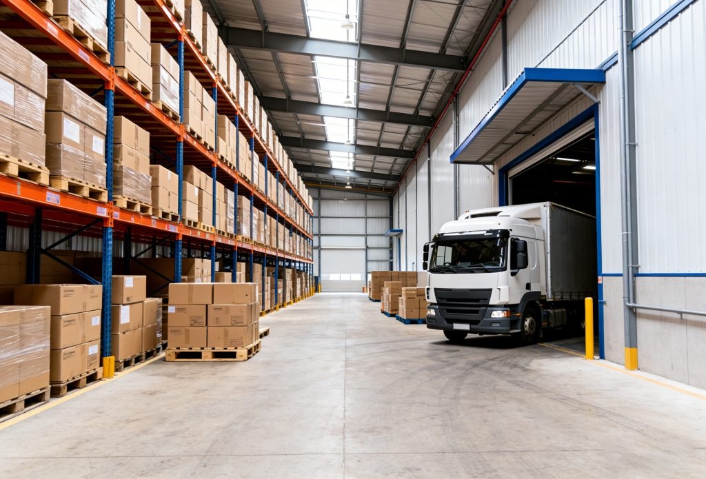 White delivery truck at warehouse loading dock with stacked cardboard boxes on storage racks